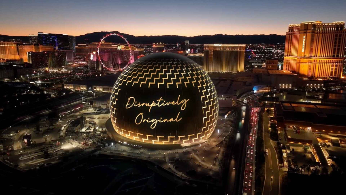 DOPE High Roller chrome-gold paddle artwork in the Las Vegas Sphere concept film.