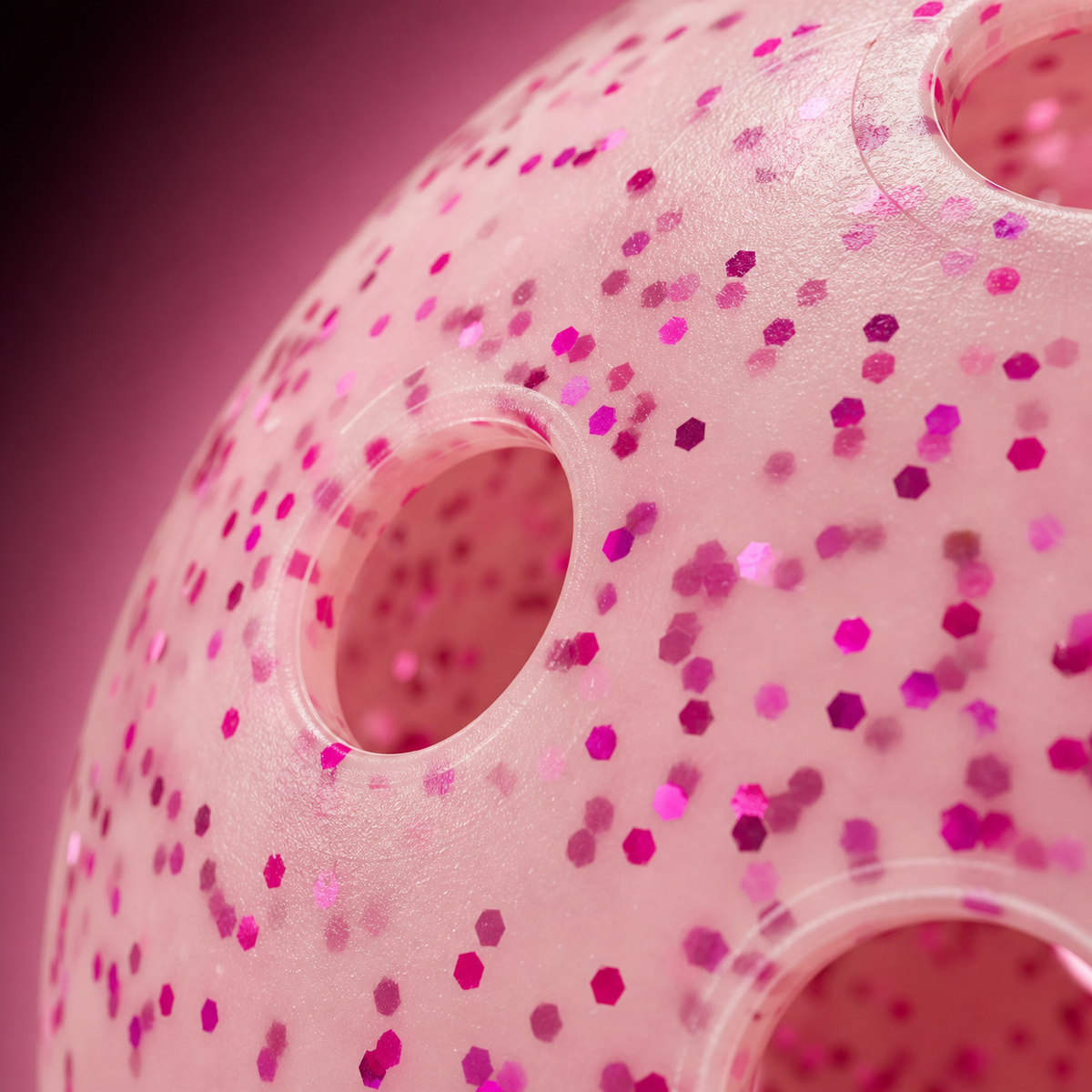 Macro detail of pink glitter-infused pickleball shell, molded hole rims, and inner wall