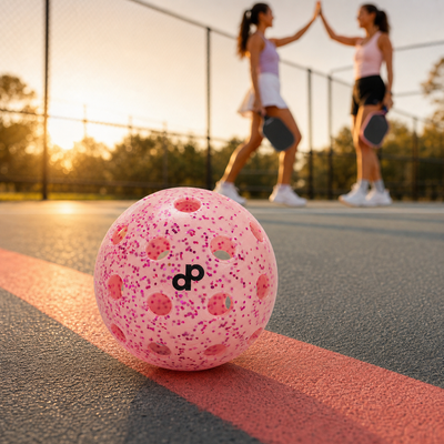 Pink glitter-infused outdoor pickleball on an outdoor court at golden hour