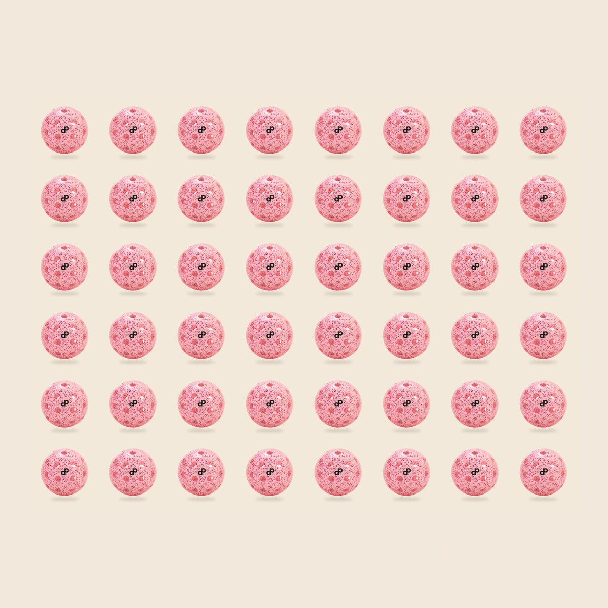 48 pink DOPE glitter pickleballs on cream; exact selected pack quantity.