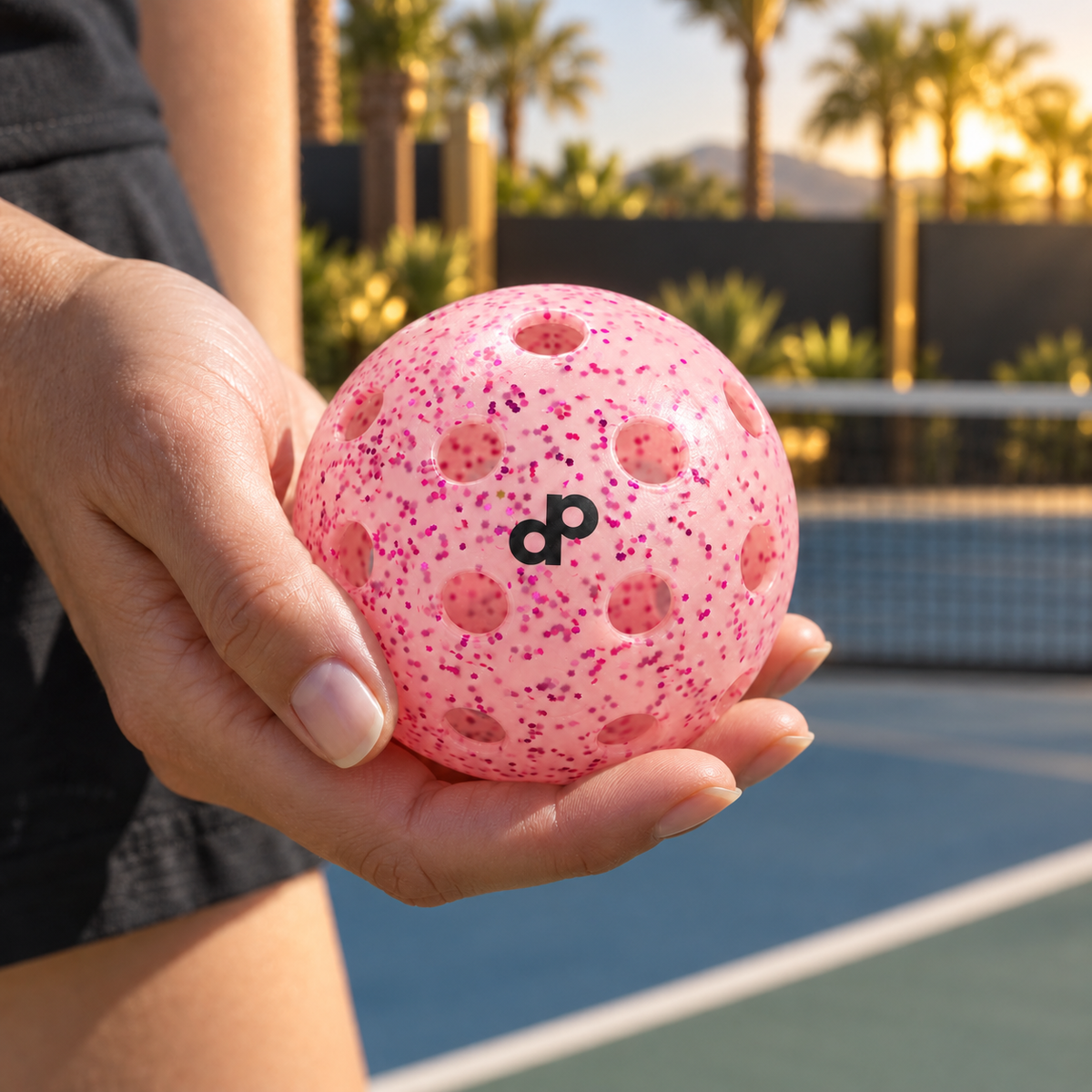 Pink glitter pickleball with original color and hole geometry beside a Las Vegas resort court.