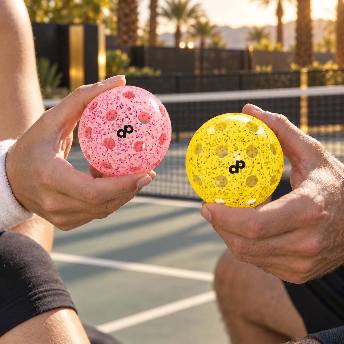 Pink and yellow glitter pickleballs held courtside in warm Las Vegas resort light.