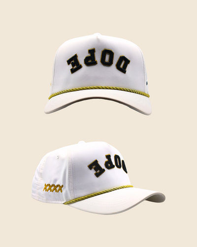 White Dope x Reversed hat shown from front and three-quarter views on a light background