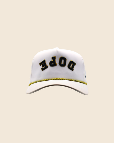 Front view of a white Dope x Reversed hat with black-and-gold lettering