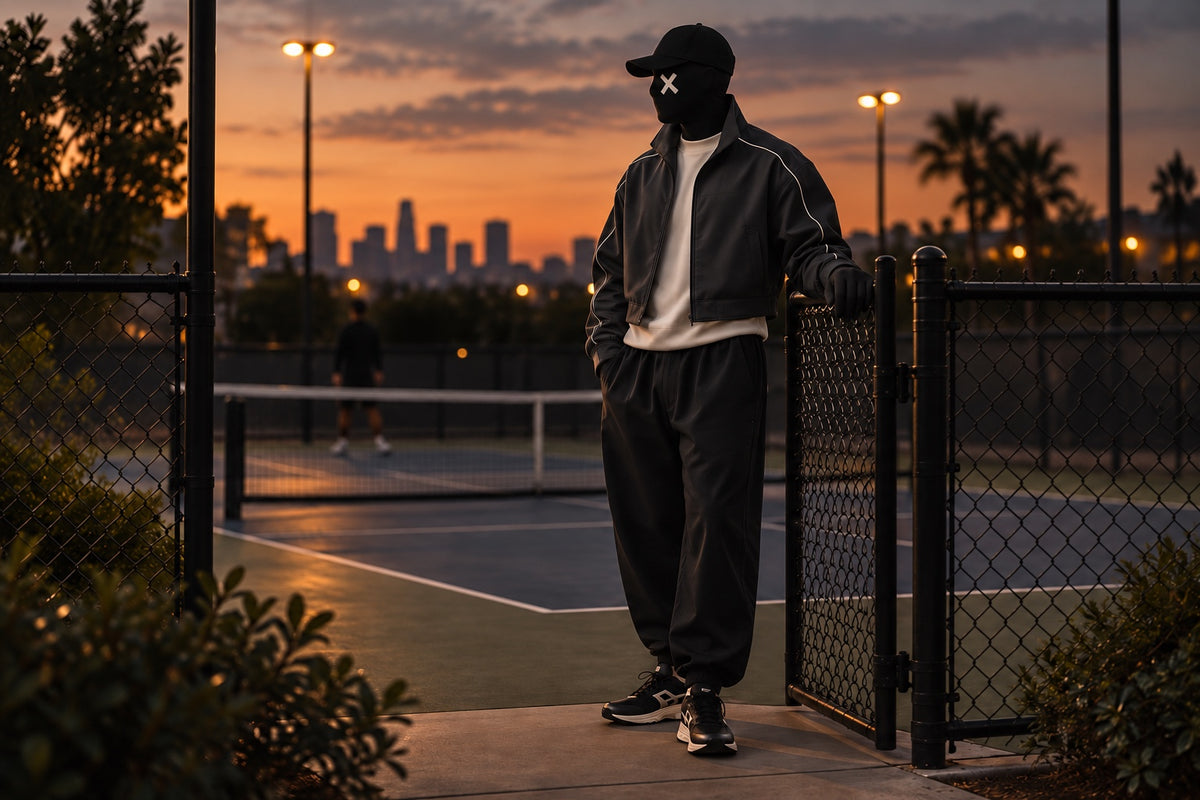 Stitch in a graphite track jacket with ivory piping and full black fabric gloves beside a court gate at dusk.
