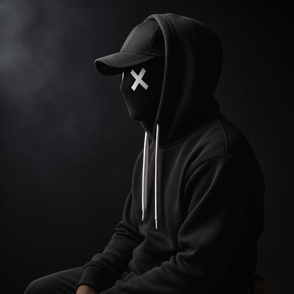 Stitch in a black cap and hood, with a white X on his black mask