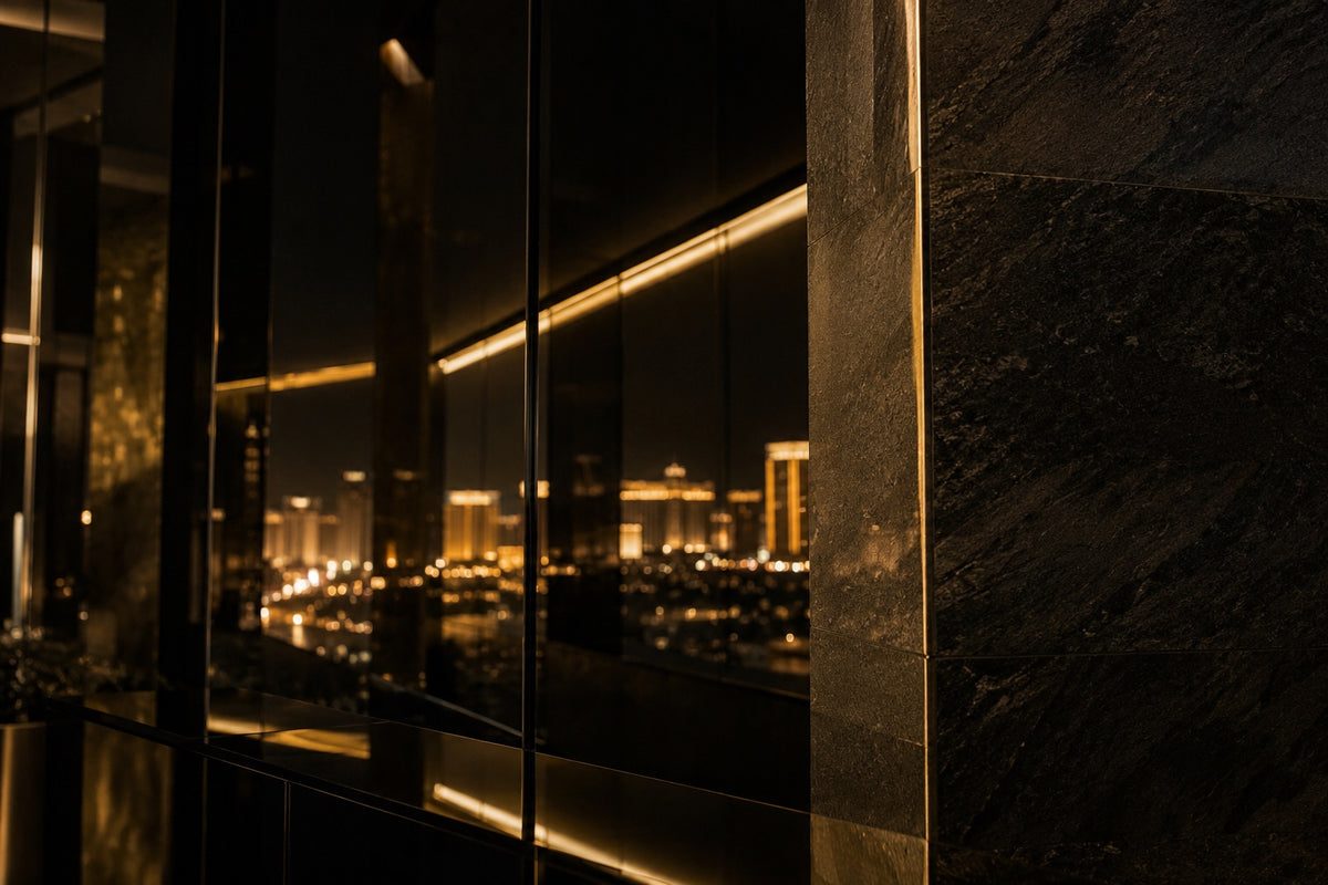 Gold architectural light reflected across dark glass and charcoal stone.