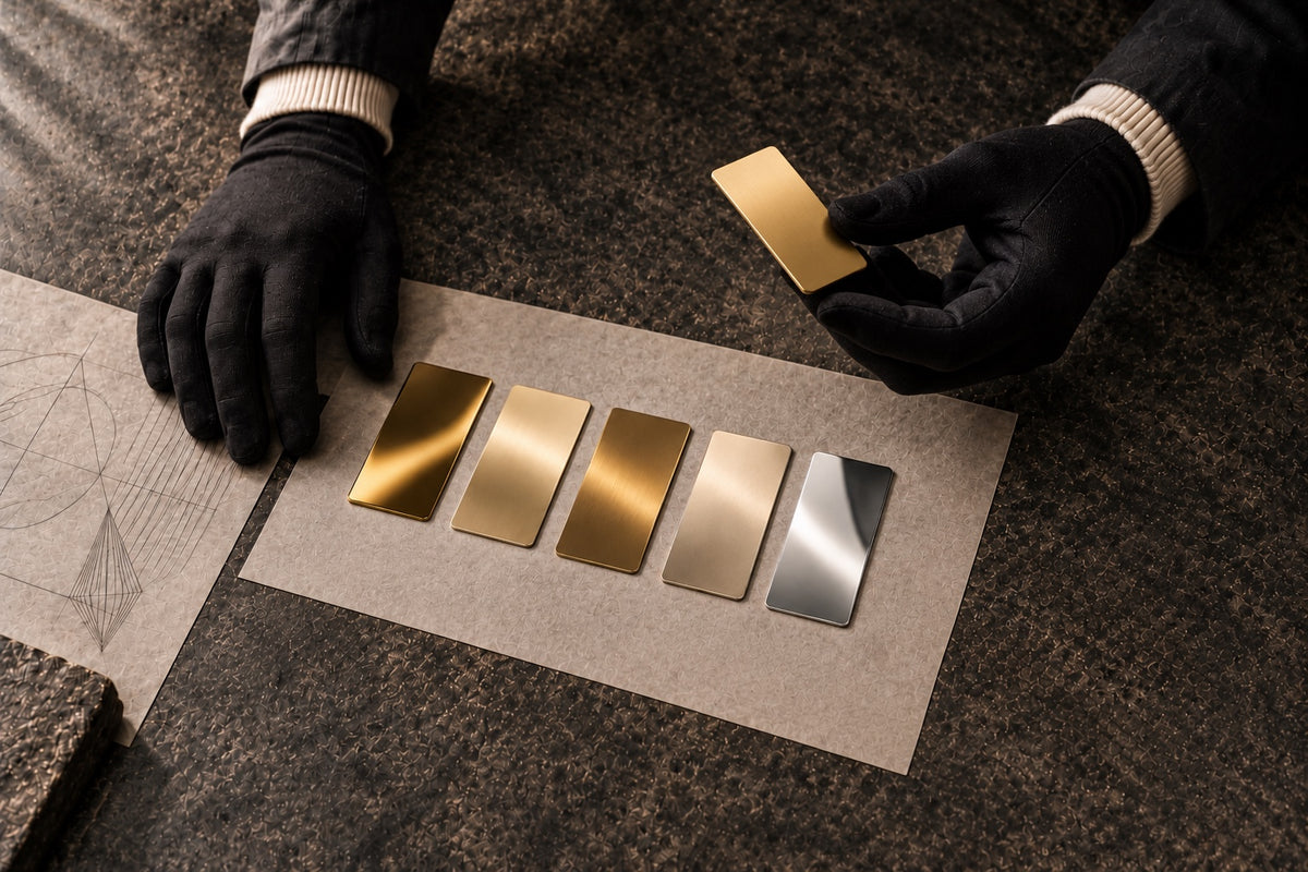 Stitch’s hands in sewn black fabric gloves hold a flat gold finish swatch beside gold and silver comparison swatches on a studio workbench.