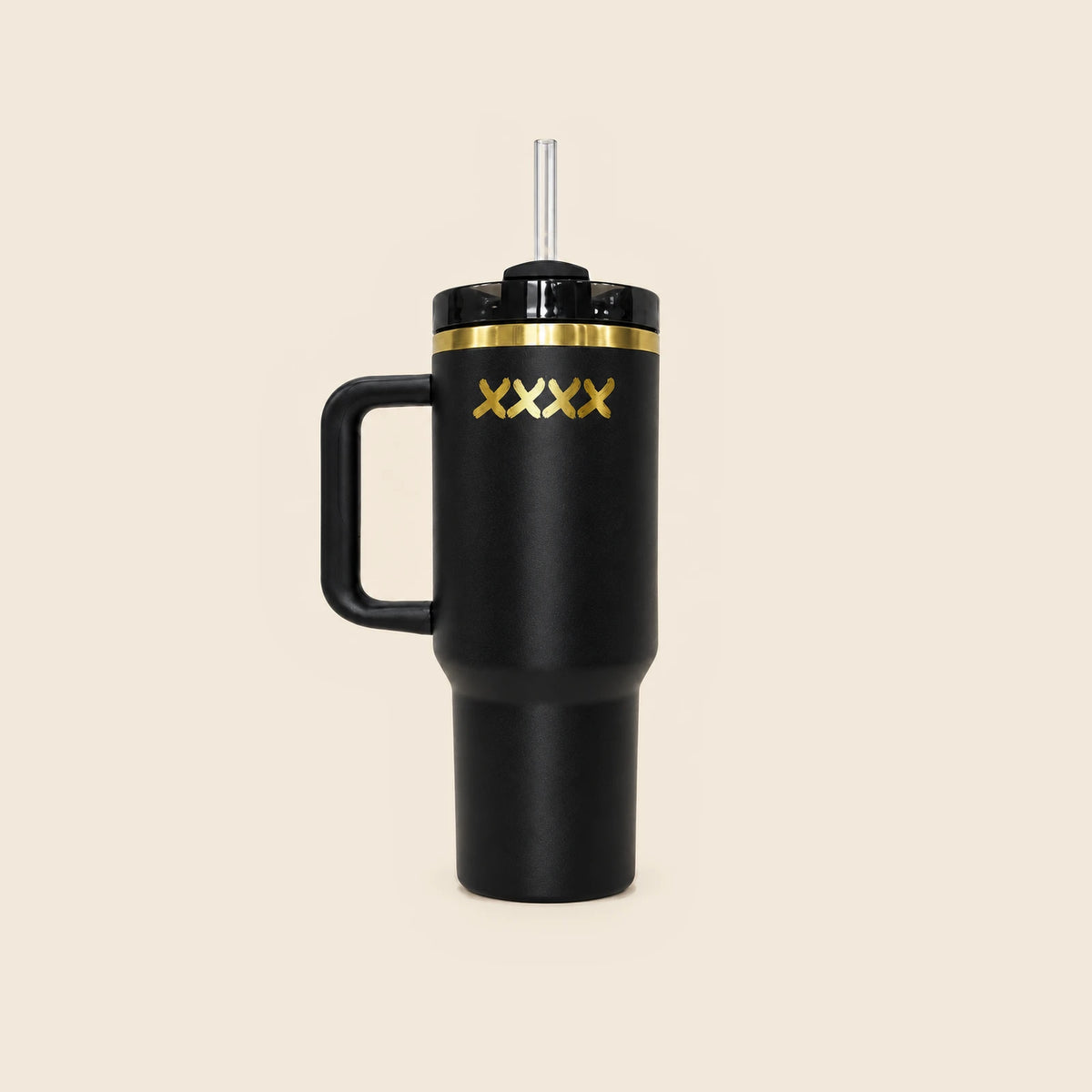 Complete rear view of the High Roller 40 oz tumbler with four gold cross details, full straw, handle and base on cream.