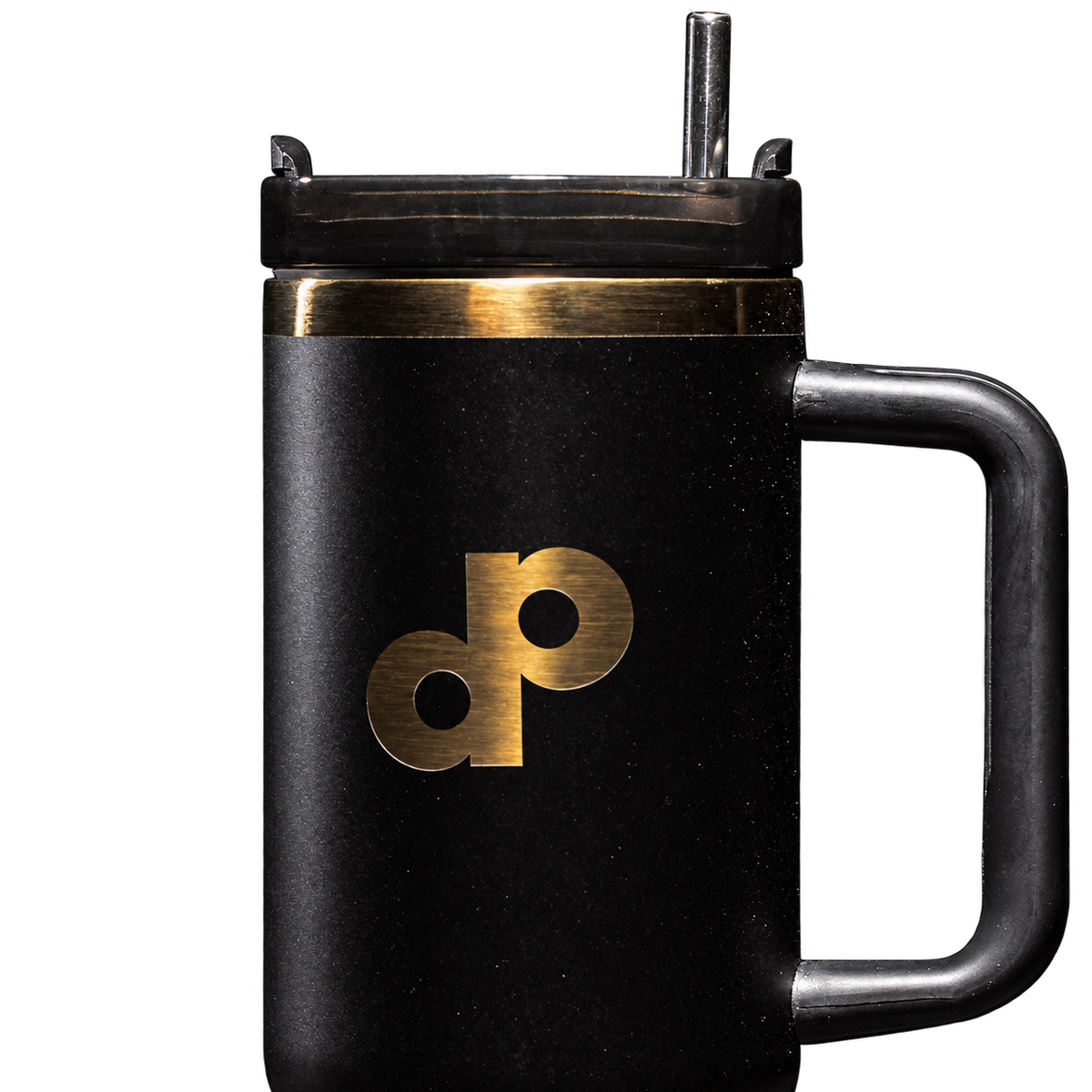 Close-up of the black High Roller tumbler with gold DP logo, gold neck band, black lid, metal straw and squared handle on a transparent background.