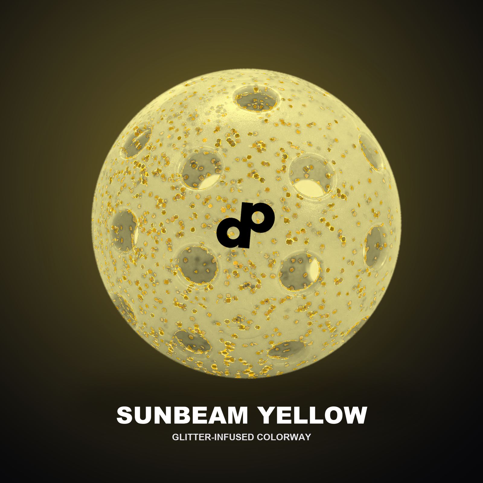 Yellow glitter-infused outdoor pickleball shown in a floating product view