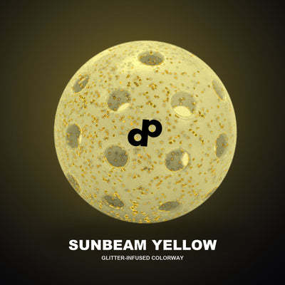 Yellow glitter-infused outdoor pickleball shown in a floating product view