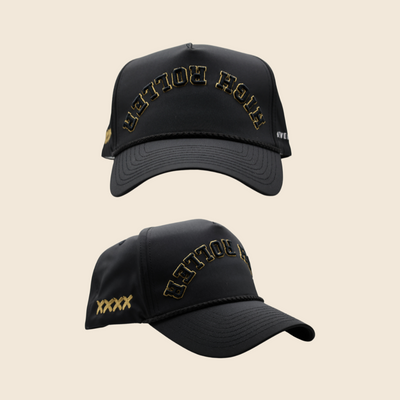 Black High Roller hat shown from front and three-quarter views on a light background