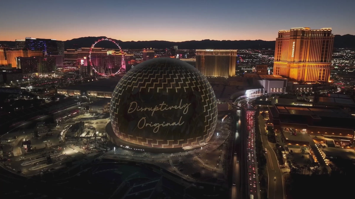 Load video: DOPE High Roller chrome-gold pickleball collection in the Las Vegas Sphere concept film.