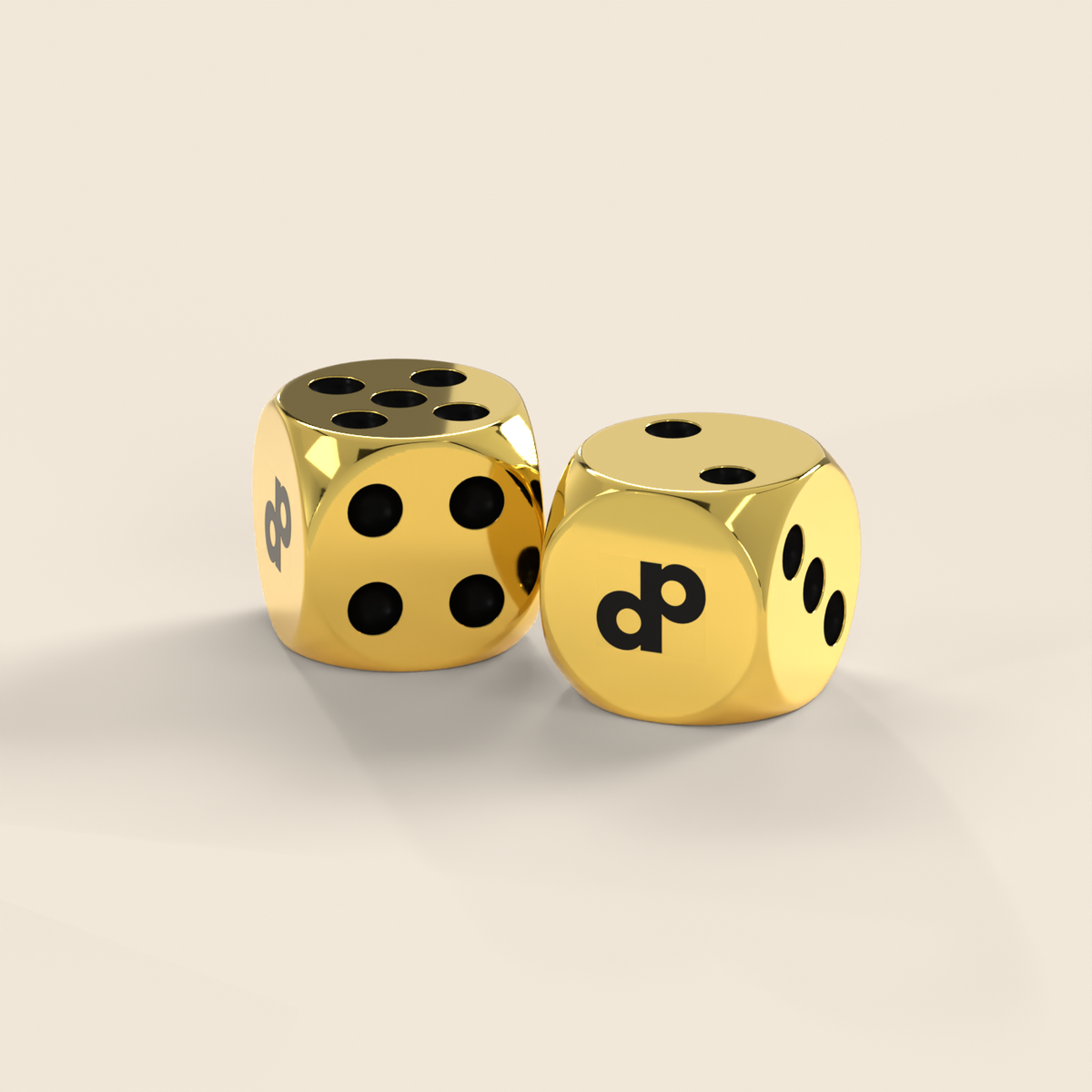 Load video: Two High Roller gold metal dice rolling and settling on a cream background.