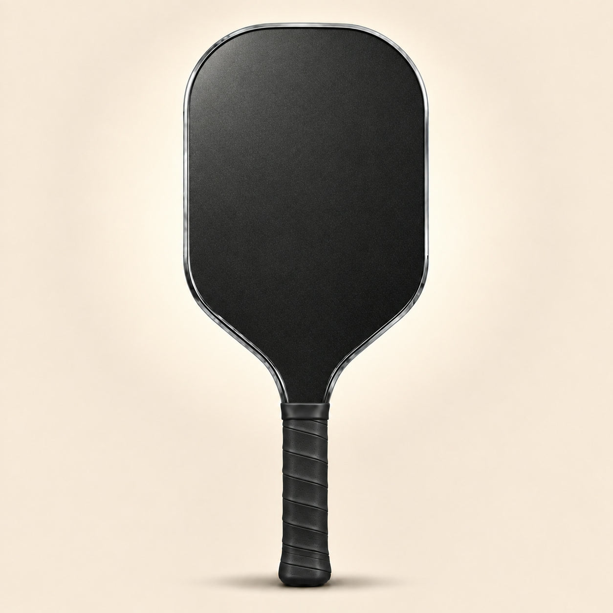 Photorealistic floating blank metallic-edge pickleball paddle with a woven carbon face, integrated throat and wrapped grip, front view